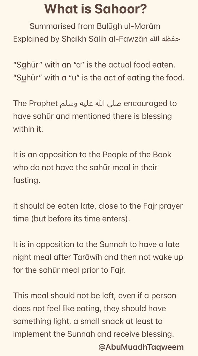 AbuMuadhTaqweem's tweet photo. Some simple facts about the pre-dawn Sahūr Meal.

Summarised from Shaikh Sālih al-Fawzān حفظه الله تعالى https://t.co/MjFVyf2nUq