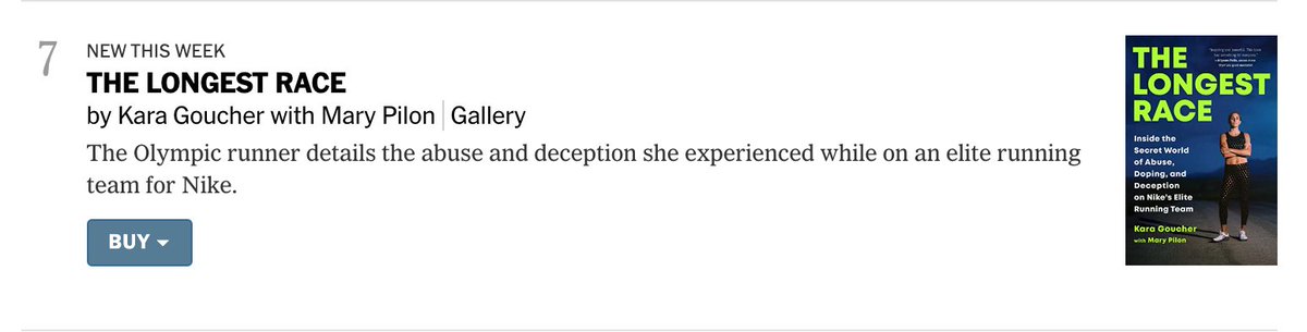 The Longest Race debuts at #7 on the NYT bestseller list. Thanks to everyone who made it happen. And this is a win for the beat. Stories about and by women in sports matter – to everyone. @karagoucher