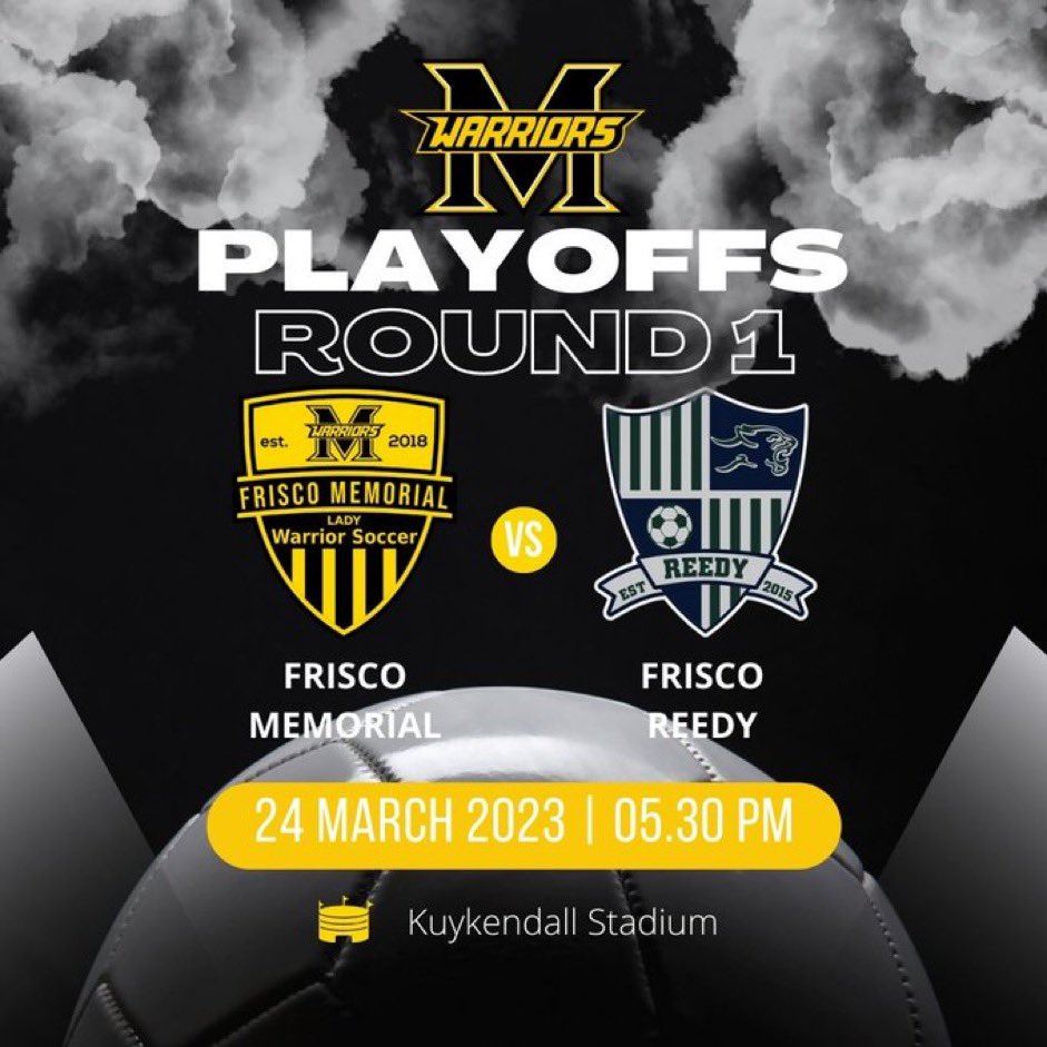PLAYOFF TIME‼️
Boys &amp; Girls both play @ Kuykendall
Girls 5:30 Vs Reedy
Boys 7:30 Vs Lone Star
Bout to put the city on notice🔥
<a href="/memorial_soccer/">Frisco Memorial Soccer</a>
