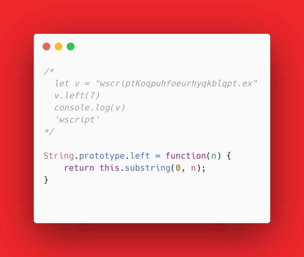 gothburz's tweet image. Sometimes you may want to simulate some #VBScript function in #JavaScript. For example the #VBS Left() function could be easily added to the String.prototype object. #coding #deobfuscation #reversing
