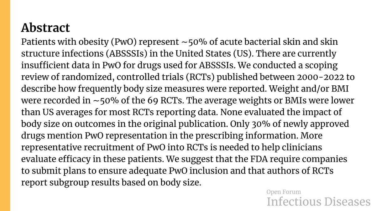 OFIDJournal's tweet photo. Insufficient Representation of Patients with Obesity in Randomized Controlled Trials Evaluating the Efficacy and Safety of Antimicrobials for Treatment of Skin and Skin Structure Infections: A Scoping Review

✅ Just Accepted
🔓 Open Access
🔗 https://t.co/l7uoaaOyLB https://t.co/8aCu7336QC