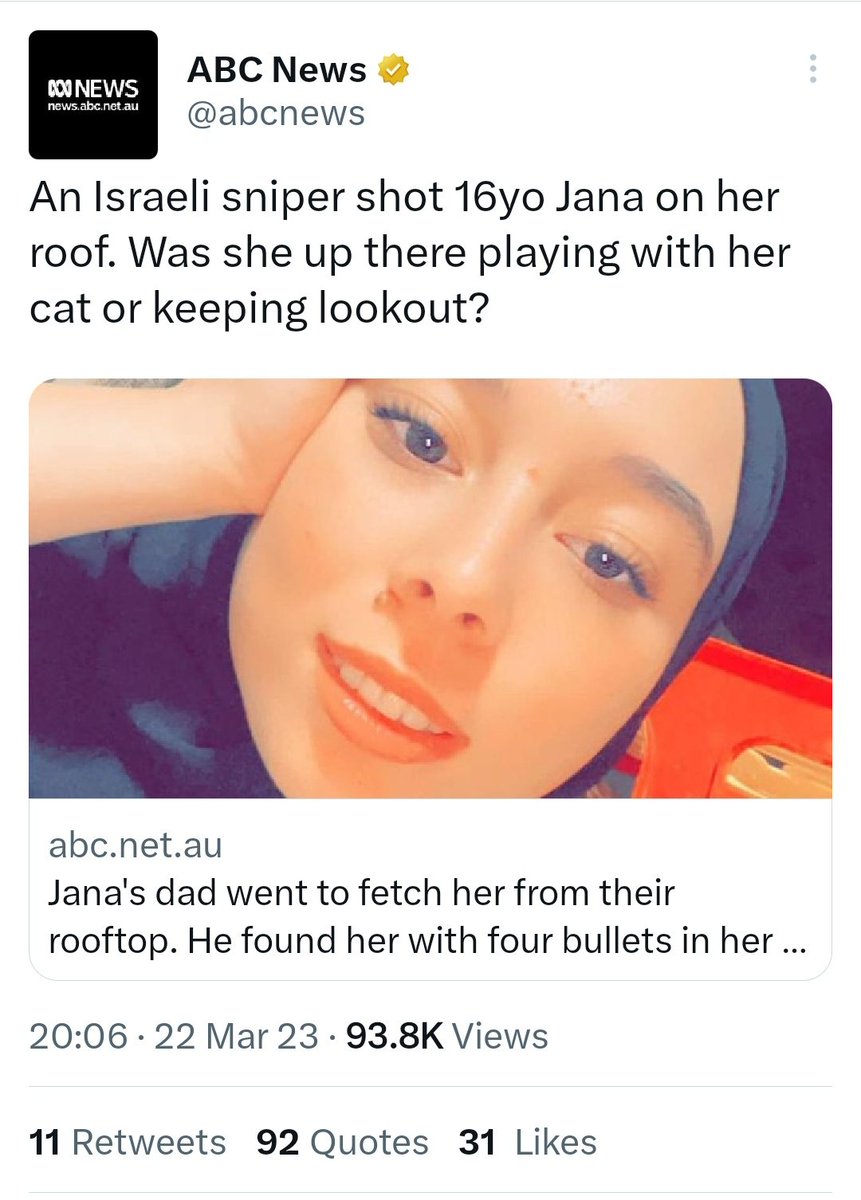 RmSalih's tweet image. The Australian Broadcast Coorporation mocks a Palestinian girl who was shot and killed by an Israeli sniper.