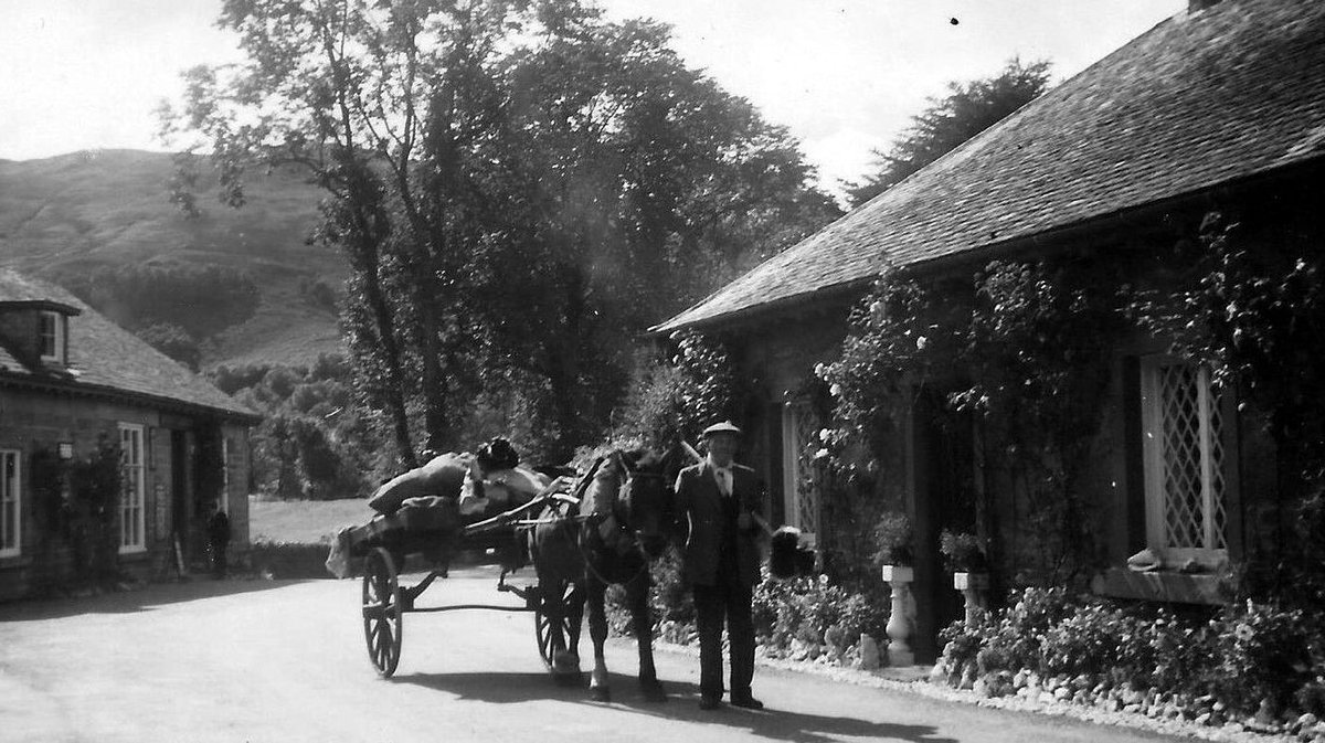 tourscotland's tweet photo. Old Tour #Scotland Ancestry Travel visit Genealogy Scottish Family History Blog photography of a delivery cart outside a cottage and story of #Luss by #Loch #Lomond. Ancestral home of #Clan #Colquhoun and the McInturner's of Luss a sept of #Clan #Lamont https://t.co/tHChclFfv7 https://t.co/xsNPQDUMdO