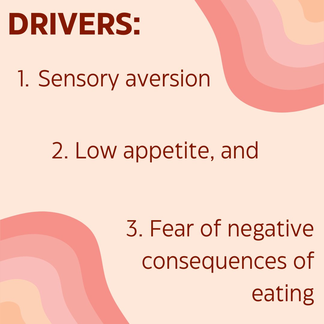 PGCgenetics's tweet photo. 3. #ARFID affects about 1-5% of all people and occurs at any age. Unlike other #eatingdisorders, food restriction is not driven by body dissatisfaction or the desire to lose weight; instead it is due to #sensoryaversion, #lowappetite, and #fearofnegativeconsequencesofeating🧵4/10 https://t.co/q2g8ja3N8T