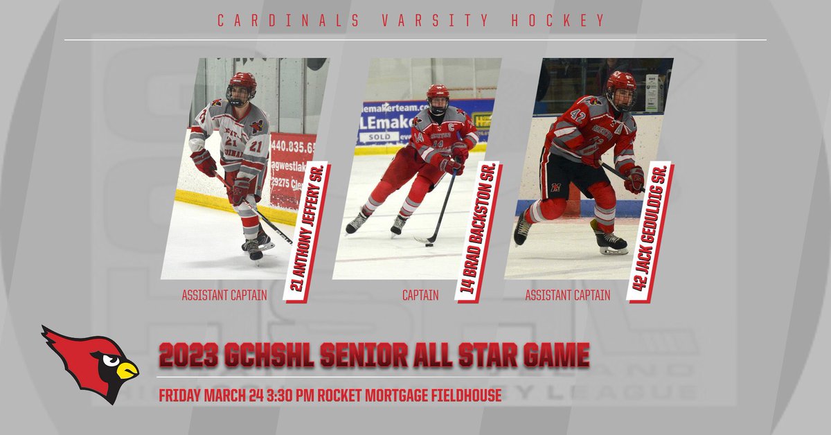 BigRedDukes7's tweet image. @MentorAthletics @MentorAthletics GCHSHL Senior All Star Game Friday March 24 3:30 PM Rocket Mortgage Fieldhouse. Sr. F Anthony Jeffrey, Sr. D Brad Backston and Sr. D Jack Geduldig all selected to play. Go Cards!