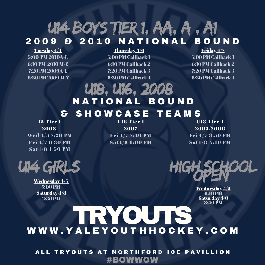 YaleYouthHockey's tweet photo. Tryouts for u13-u18 Tier 1 National Bound as well as u14 AA,A,A1, our all new u14 Girls Tier 2 program and 15-18 Showcase and High School open teams begin 4/4/23. Registration Link in Bio #BeABulldog #BowWow https://t.co/ih6UBCso1d