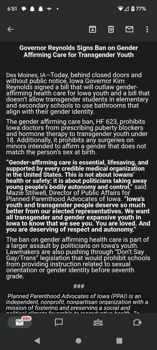 Rushthewriter's tweet image. Statements from @OneIowaAction, @IowaSEA, and @ppnorthcentral in respont Gov. Kim Reynolds signing two anti-LGBTQ bills today.