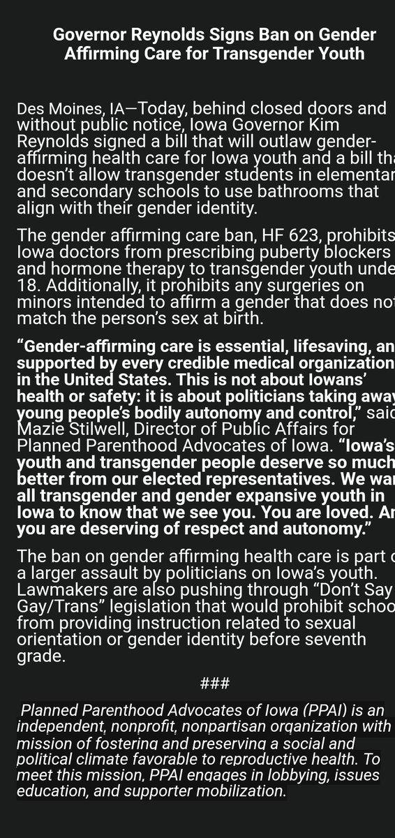 Rushthewriter's tweet image. Statements from @OneIowaAction, @IowaSEA, and @ppnorthcentral in respont Gov. Kim Reynolds signing two anti-LGBTQ bills today.