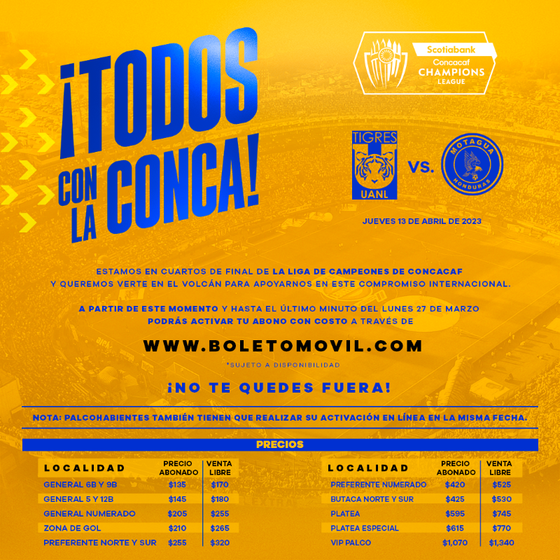 TigresOficial's tweet photo. 🔜 ¡Todo listo! 🚨 ¡Si eres abonado ya puedes hacer la activación con costo para la Vuelta de Cuartos de Final en The Champions! 🔥

👊🏼🐯 ¡SIEMPRE CONTIGO, TIGRES QUERIDO!