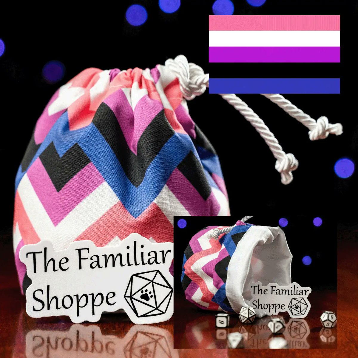 ShoppeFamiliar's tweet photo. As we’re gearing up towards this year’s pride month, what flags would you like to see represented in a dice bag? And go check out our Genderfluid Pride Dice Bag while supplies last! #dungeonsanddragons #handmade #dice #ttrpg #pride #genderfluid https://t.co/sERYajFt6c