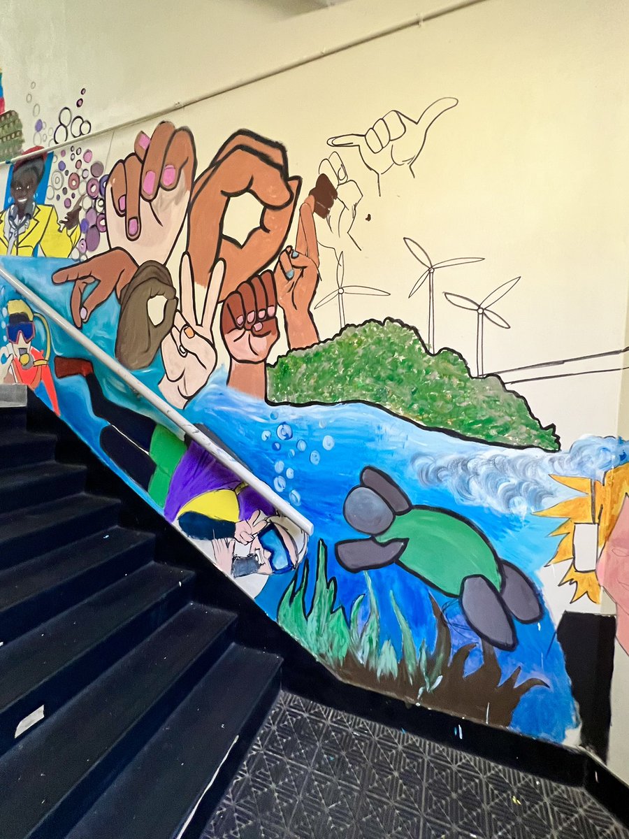 AshleyDPaints's tweet photo. 5th grade collaboration with me on a mural about the 17 global goals… can you find some of the goals on the massive hallway mural/collage…. Mural in progress https://t.co/VJY3wDOlKD