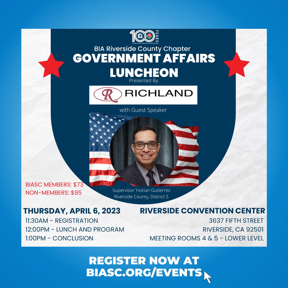biariverside's tweet image. Join us for our BIA Riverside Government Affairs Luncheon on Thursday, April 6th ft Special Guest Riverside County Supervisor Yxstian Gutierrez
at the Riverside Convention Center. Register today - rb.gy/vx53ay #BIASC #Riverside #RiversideCounty
