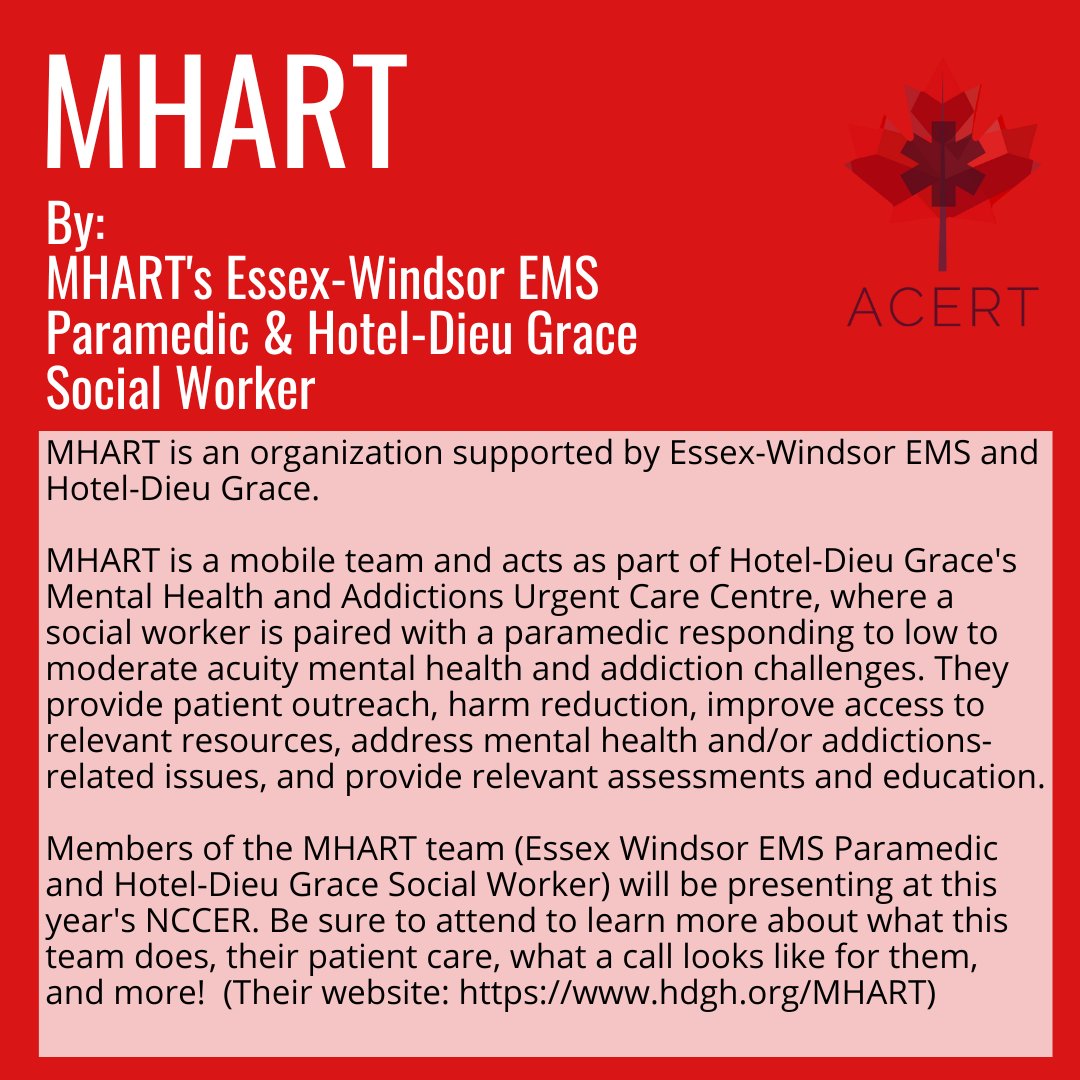 ACERTBOD's tweet photo. Announcing our 2nd presenter: MHART (Mental Health and Addictions Response Team). 

Come learn about who they are, what they do, and more from their own Essex-Windsor EMS Paramedic and Hotel-Dieu Grace Social Workers. https://t.co/EialFT91eY