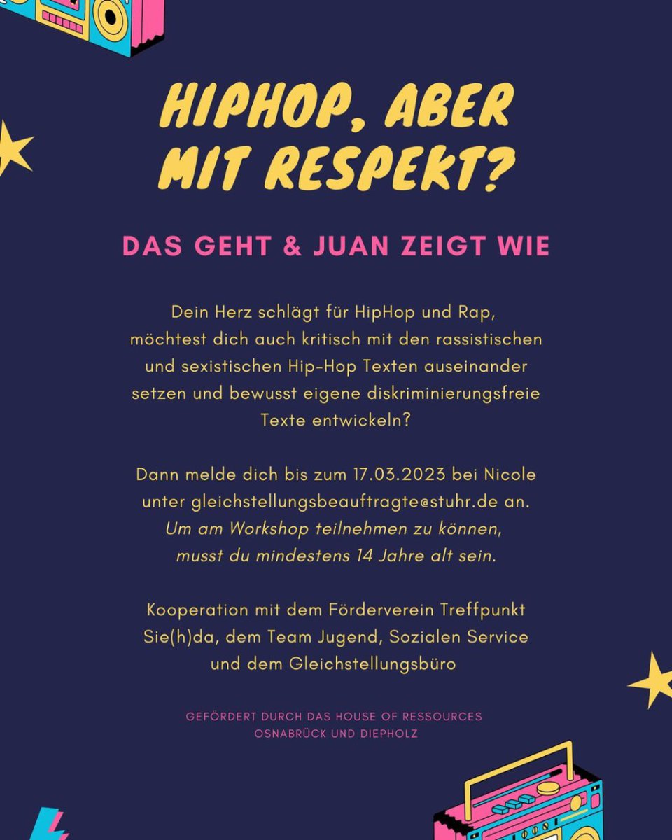 JuanDavidGarzon's tweet photo. Join me for a weekend of creativity and fun exploring Hip-Hop with a focus on respect and inclusivity. "Hip-Hop but with Respect" workshop. March 24th-25th, 2023 at Treffpunkt Sie(h)da. Reg: gleichstellungsbeauftragte@stuhr.de. #HipHop #Respect #Workshop #YouthEmpowerment #Stuhr https://t.co/lH6PUkkSBq