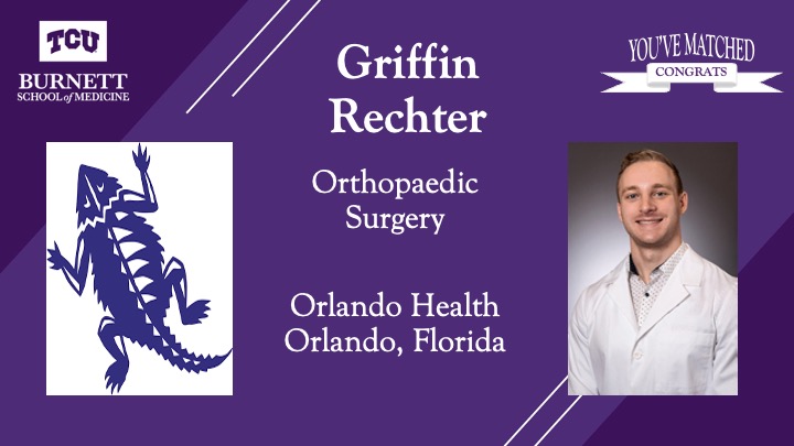 Congratulations to @GriffinRechter who matched in Orthopaedic Surgery at @orlandohealth in Orlando, Florida!

#EmpatheticScholar #LeadOnTCU #MatchDay #MatchDay2023 #Medical #MedicalSchool #MedicalEducation #Residency  #OrthopaedicSurgery

@TCU