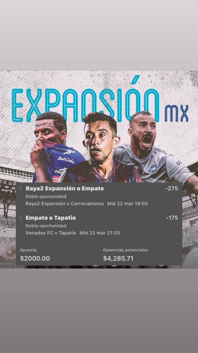 IcePickss's tweet image. ⚽️ Liga Expansión MX ⚽️
🕖19:00 🇲🇽| 20:00 🇨🇴| 2:00🇪🇸 
🕖21:00 🇲🇽| 22:00 🇨🇴| 4:00🇪🇸 

✈️  Vamos hasta México 🇲🇽

En busca de que Raya2 y Tapatío ganen o empaten en el encuentro.

Recuerden Apostar con RESPONSABILIDAD