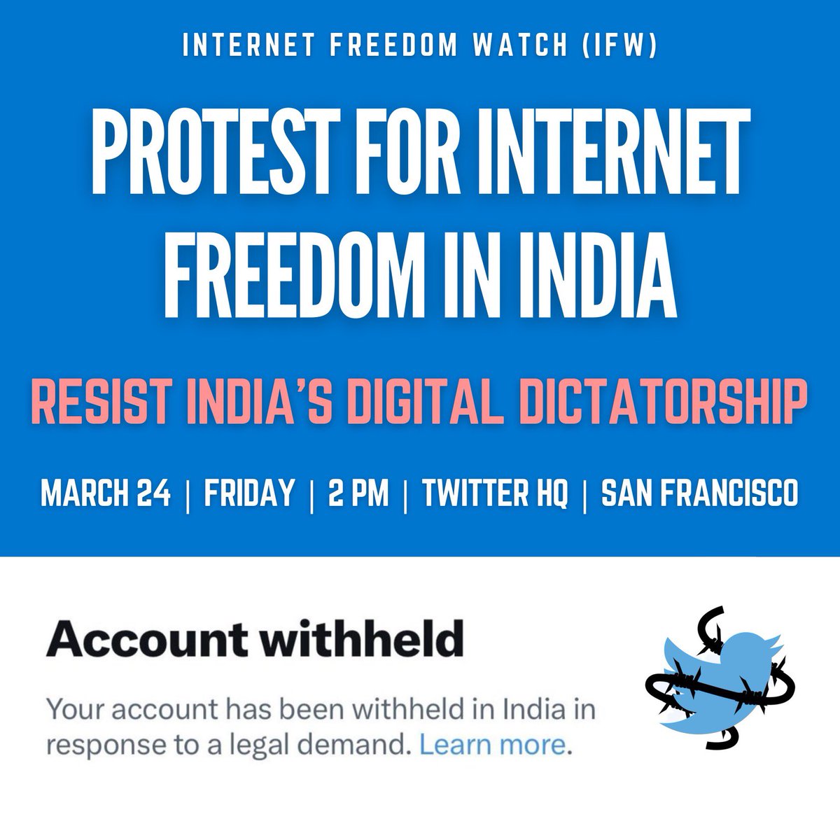 BREAKING: Internet Freedom Watch (IFW) have announced a protest outside Twitter HQ on Friday at 2PM. 

Market Square, 1355 Market St, San Francisco, CA 94103.