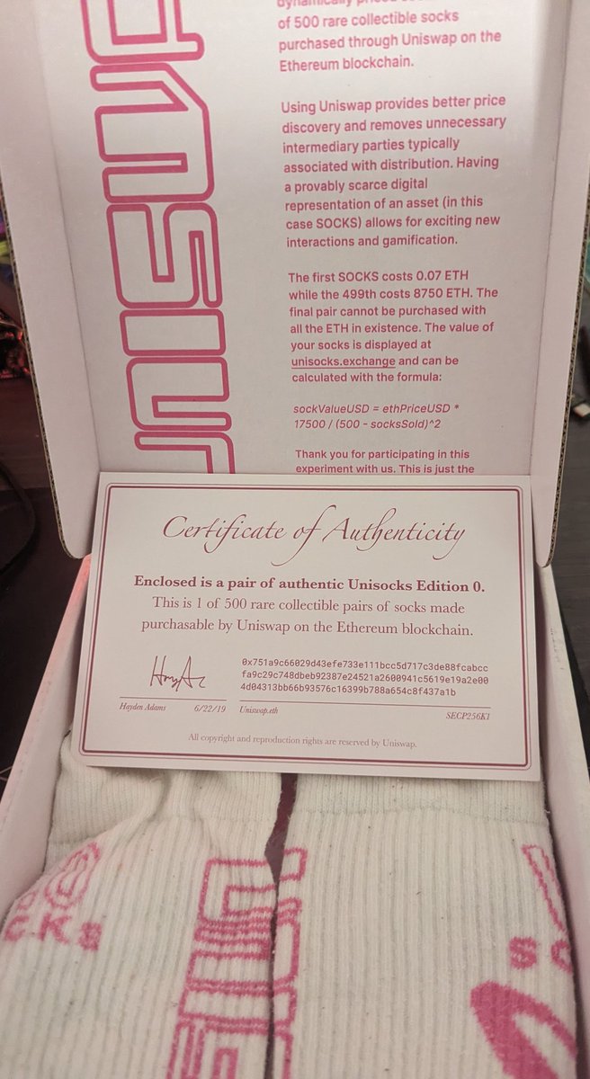 As the redeemer of Unisocks #69, thank you so much <a href="/PleasrDAO/">Pleasr</a> for this incredible auction and event! 🔥🔥🔥

I didn't realize I had Unisocks #69 until 3 years+ after I redeemed 🤣🔥🔥

Here's a picture of the physical socks and packaging (not included in the auction lol)