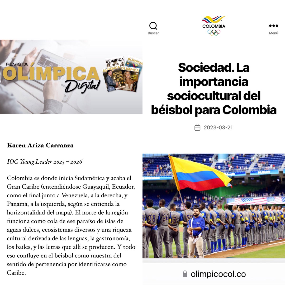Aprovecho para agradecer la invitación de <a href="/OlimpicoCol/">Comité Olímpico COL</a> para sumarme a la revista con artículos de un interés especial. Quise empezar con el #beisbolcolombiano para honrar la tradición y estas dos participaciones consecutivas en la élite del béisbol mundial.