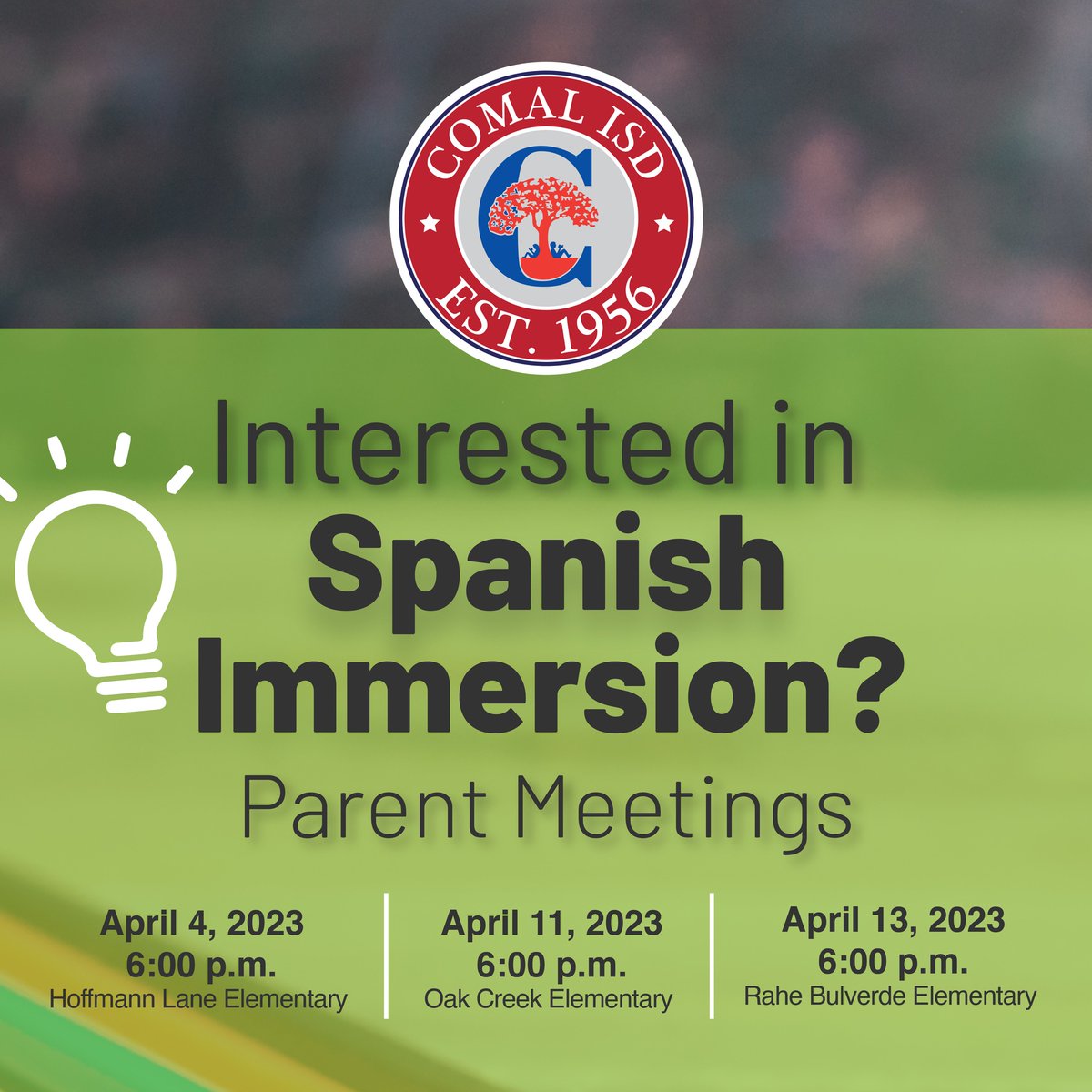 Comal ISD (@cisdnews) on Twitter photo Are you interested in our Spanish Immersion program? Learn more about the Comal ISD Spanish Immersion program at one of our upcoming parent meetings. Don't miss out on this great opportunity! Are you interested in our Spanish Immersion program? Learn more about the Comal ISD Spanish Immersion program at one of our upcoming parent meetings. Don't miss out on this great opportunity!