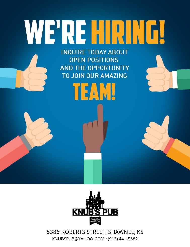 KnubsPub's tweet photo. We're hiring! Call, email or submit an inquiry today to learn more! https://t.co/SrWvQgVjmo https://t.co/QdQN4yszwr