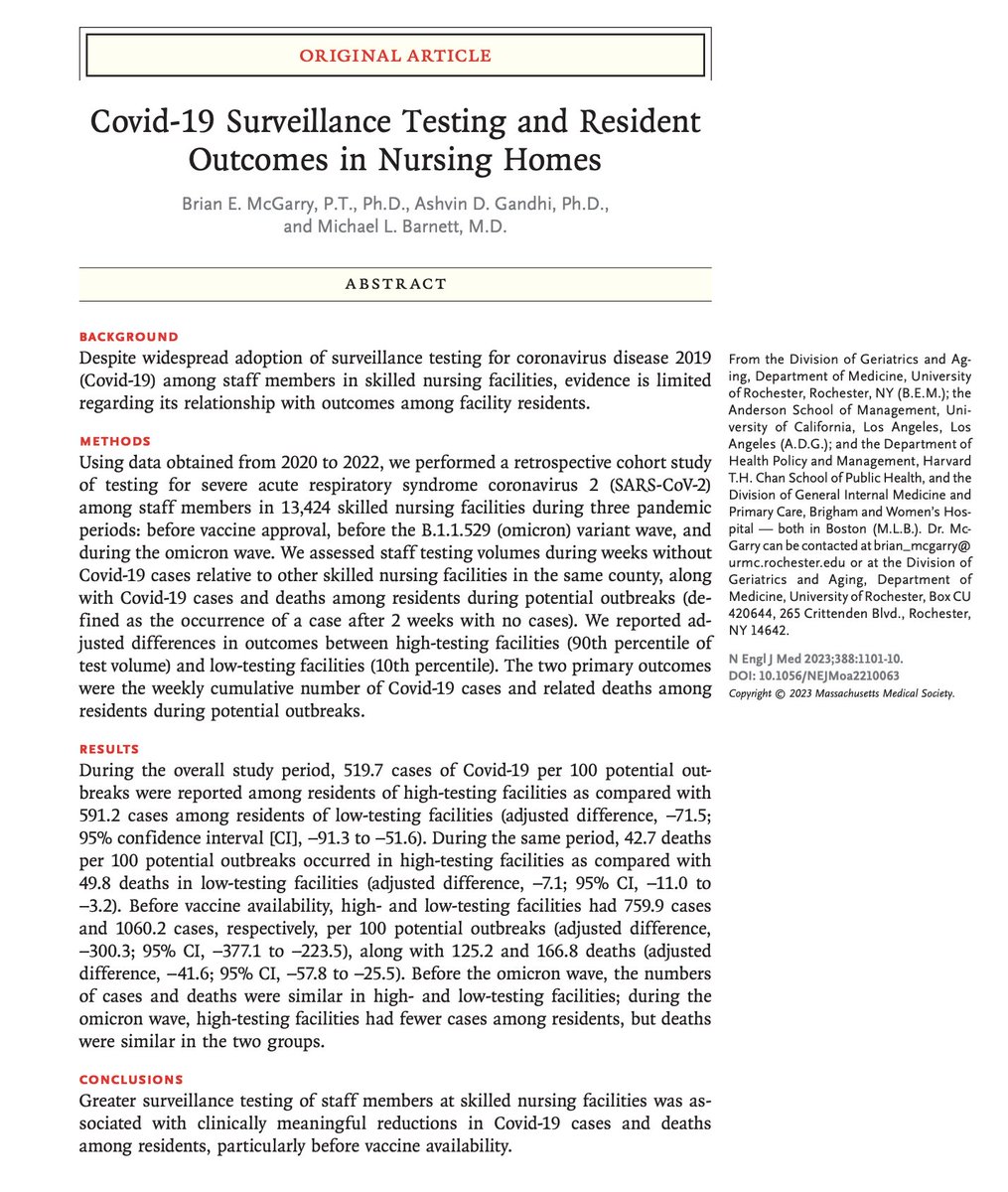 Excited to share a new paper today with @McGarryBE and @ashdgandhi published today in @NEJM TL;DR Nursing homes with higher use of COVID-19 tests for staff had 30% fewer resident cases and 26% fewer deaths than low testing facilities. That's a LOT. /1 nejm.org/doi/full/10.10…