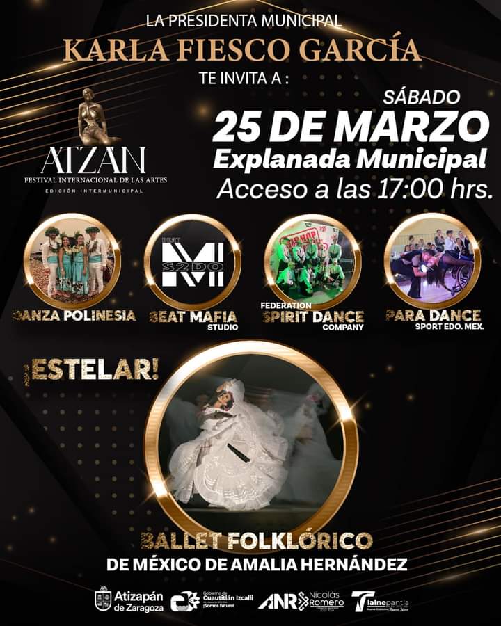 La Presidenta Municipal Karla Fiesco García te invita a ATZAN, Festival Internacional de las Artes #EdiciónInterMunicipal.

No te lo puedes perder, conoce y disfruta del talento nacional e internacional que ofrece el Gobierno Municipal de Cuautitlán Izcalli.
 #festivalatzan2023