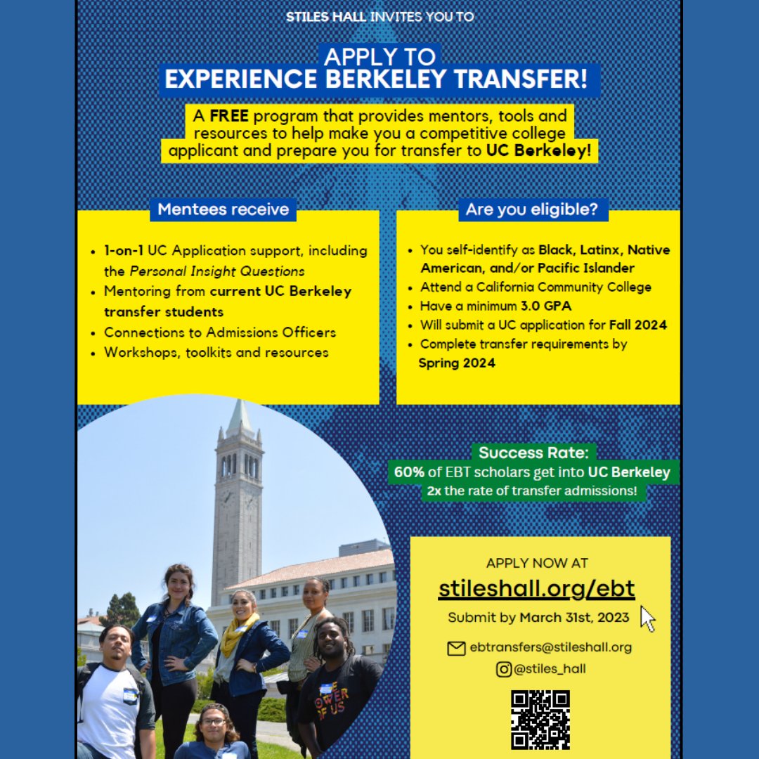 TransferMerritt's tweet photo. Apply to Experience Berkeley Transfer, a free program that helps you prepare your transfer to @UCBerkeley !

Apply here:
https://t.co/HvrvLlRXgP

#transfer #transfercenter @MerrittCollege @PeraltaColleges https://t.co/Pm44EZYHLj