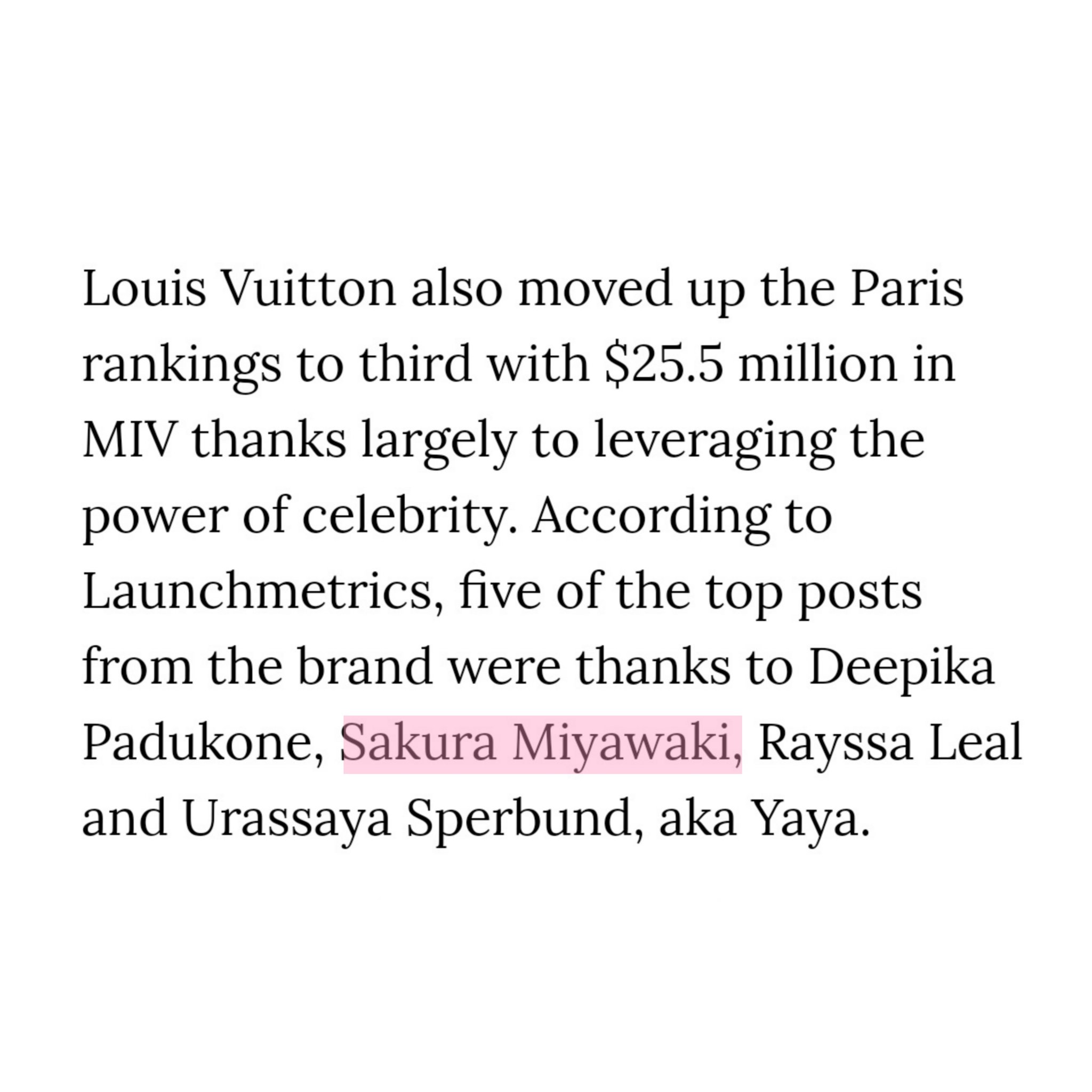 joe on X: Louis Vuitton moved up in the Paris [Fashion Week] rankings to  3rd place with $25.5 million in MIV thanks largely to leveraging the power  of celebrities, Deepika Padukone, #SAKURA
