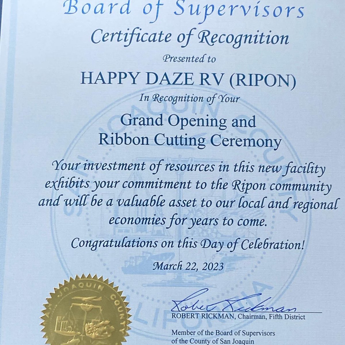Sup_Rickman's tweet photo. Congratulations to Happy Daze RV -Ripon on their Grand Opening ribbon cutting. Welcome to Ripon and San Joaquin County!
#sanjoaquincounty #riponca #cityofripon #happydazerv https://t.co/AJFTJoN0gJ