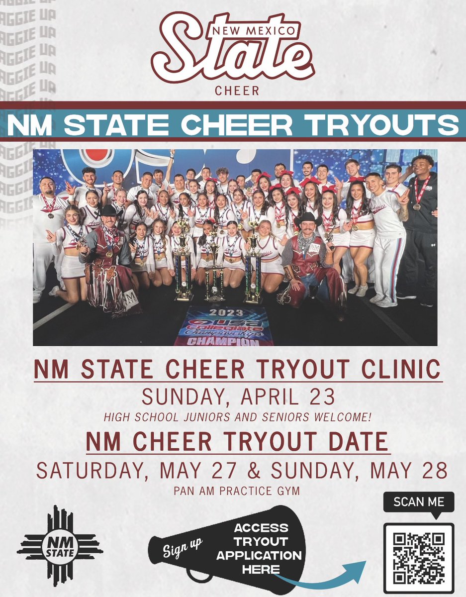 NMStateCheer's tweet photo. 📣 🚨 NMSU Cheer 2023-2024 tryouts have been scheduled. 📅 Scan the QR code at the bottom to be directed to our website for more information! Go Aggies! https://t.co/SCFwXGjbYX