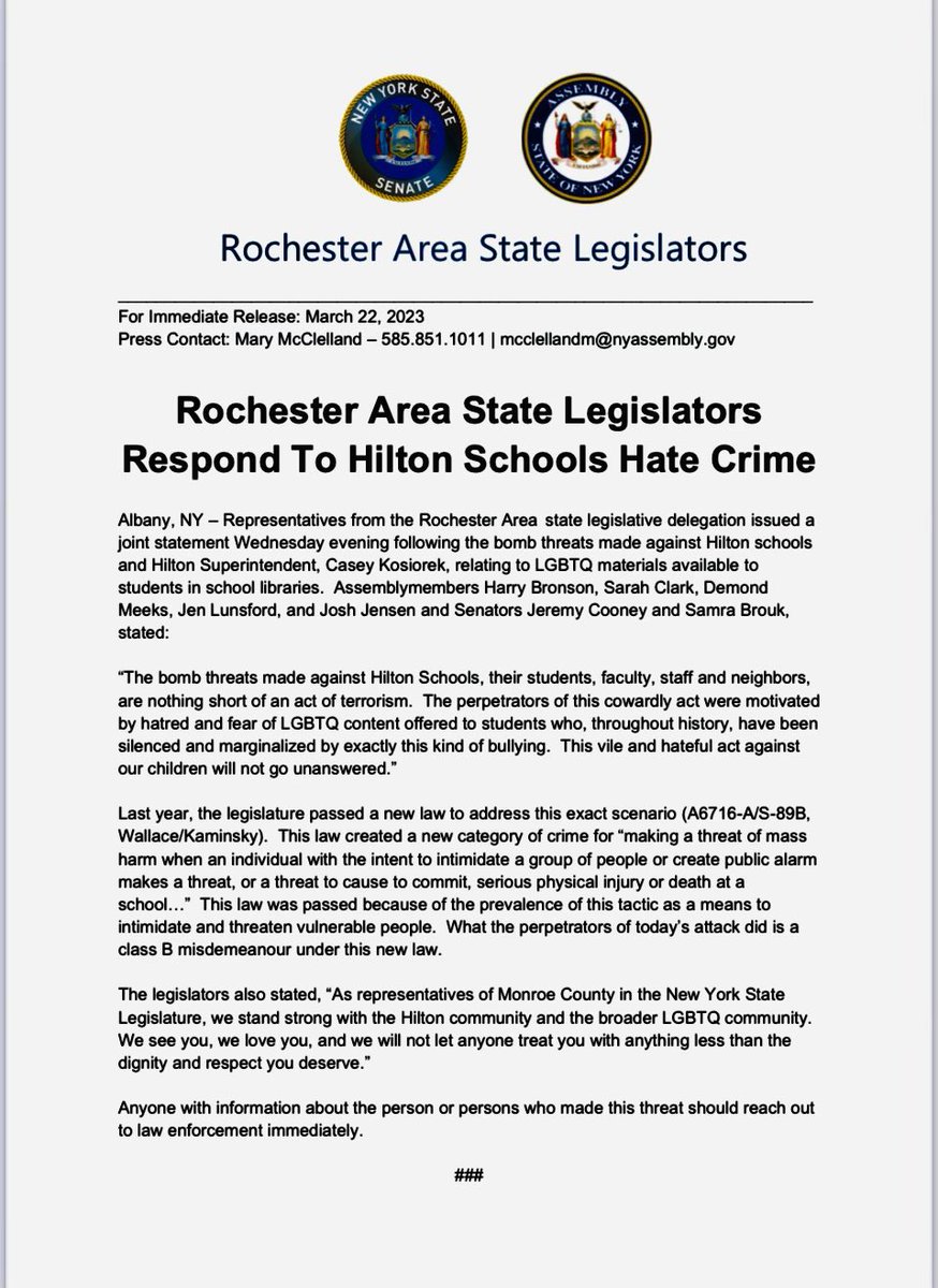I join with my Monroe County state legislature colleagues to condemn the Hilton Schools bomb threats today.
