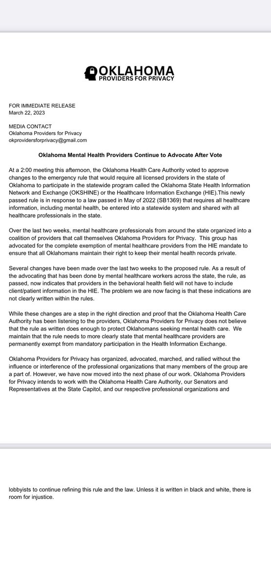 Oklahoma Providers for Privacy tweet media