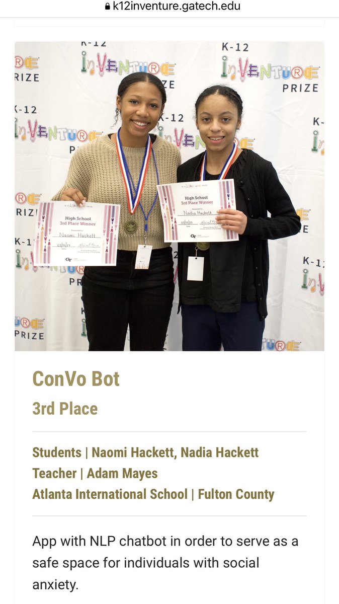 Aaron Hackett (@aaronhackett) on Twitter photo Congrats to <a href="/nadiahackett/">Nadia Hackett</a> and <a href="/naomihackett/">Naomi Hackett</a> for placing 3rd in the 2023 InVenture State Finals representing <a href="/AIS_Eagles/">Atlanta International School</a> #convobot Congrats to <a href="/nadiahackett/">Nadia Hackett</a> and <a href="/naomihackett/">Naomi Hackett</a> for placing 3rd in the 2023 InVenture State Finals representing <a href="/AIS_Eagles/">Atlanta International School</a> #convobot