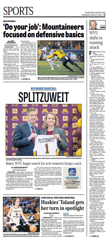 zklemmeHD's tweet photo. Thursday @wvgazettemail sports front
Local work: @JMacDonaldSport x2, @Chuckonsports
Inside: @chrisdorstwv
Hoover-Winfield softball, Glenville State Final Four coverage at https://t.co/GJVVjFOYpc #deadlined
And Class AAA all-state basketball from WVSWA
Design: Rob Stiles https://t.co/x7btu0pyLu