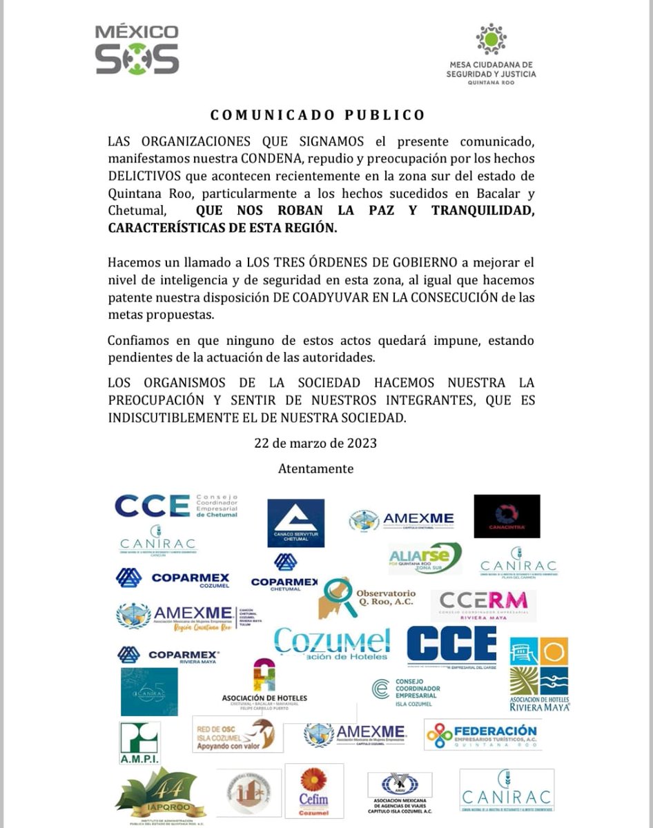 Nos sumamos a este llamado que hacen todos los organismos empresariales del Estado por los sucesos que se han presentado últimamente en la zona sur. 
Hay que trabajar unidos, con las autoridades, es una labor de todas las organizaciones y ciudadanos el fortalecerles.