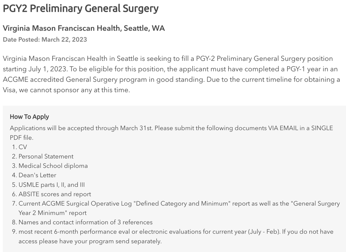 Inside_TheMatch's tweet image. PGY-2 Preliminary General Surgery Residency Opening
Virginia Mason Franciscan Health, Seattle, WA
Posted: March 22, 2023
Start: July 1, 2023

#InsideTheMatch