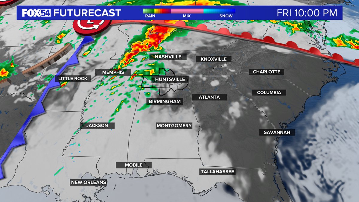 JDressmanWX's tweet photo. Severe Weather is possible Friday night and Saturday morning. A QLCS will move through ahead of a cold front bringing the chance for all modes of Severe Weather.
#ALWX #TNWX #SpringCold #FOX54 #FOX54WX #TennesseeValley https://t.co/sHGHxMUZUD
