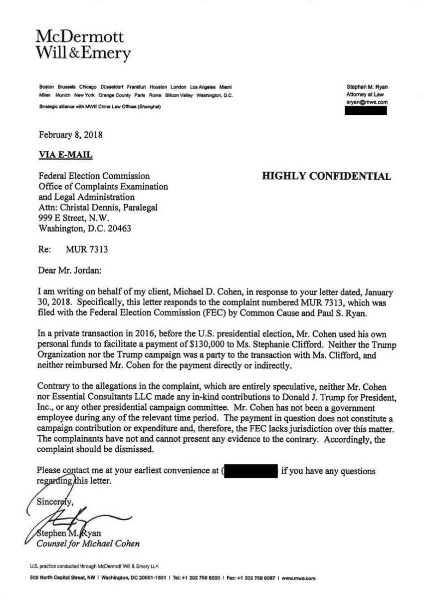 Seems relevant! In a Feb 2018 document just uncovered, Michael Cohen’s own attorney, in a letter to the Federal Election Commission, says that “the payment in question does NOT constitute a campaign contribution.” Is the key witness is lying to the Grand Jury and imploding