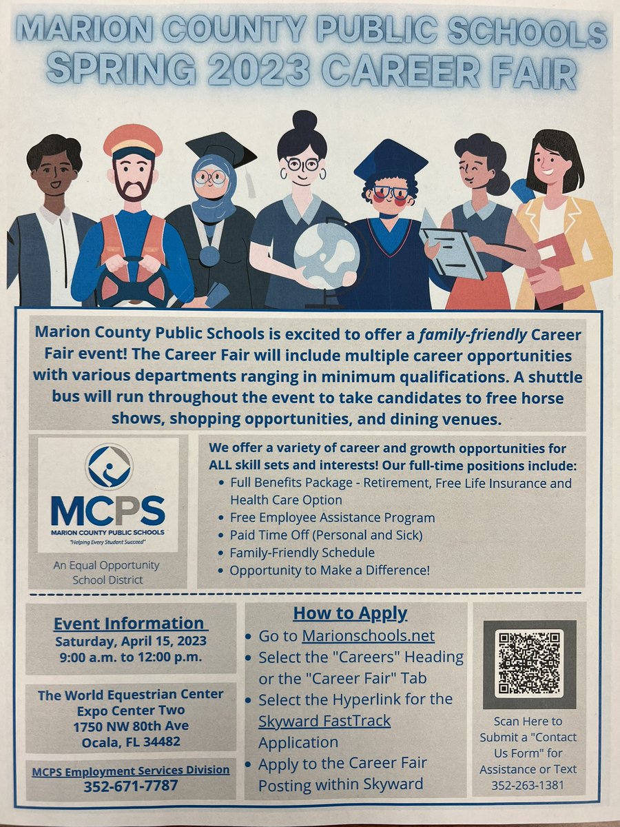 SOEbuzz's tweet image. We invite anyone looking to join Marion County Public Schools’ work family to visit the Career Affair event on April 15 at the World Equestrian Center. @HRchoquette