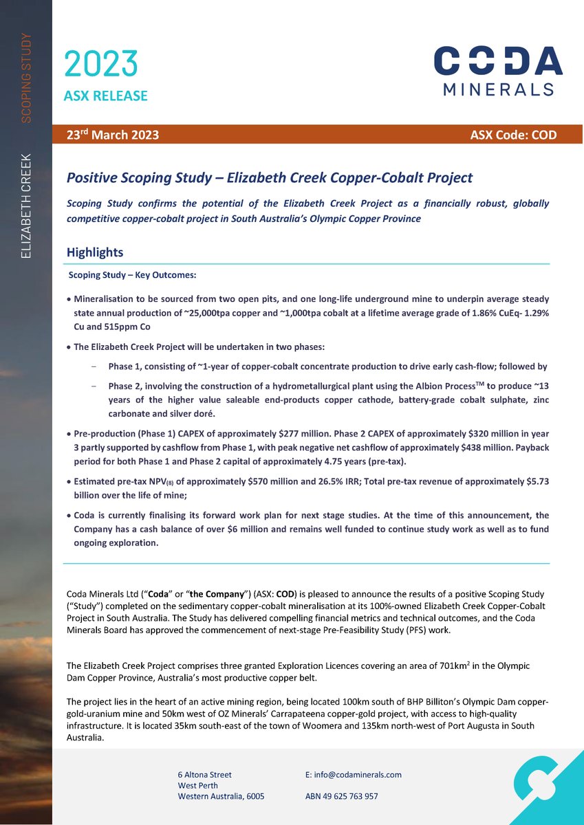 CodaMinerals's tweet photo. ASX Announcement: Elizabeth Creek Copper-Cobalt Project Positive Scoping Study.  Read full announcement here 
https://t.co/J4sauYOO68
$COD #CodaMinerals #mining #miningaus #copper #stockmarket #investors #asxmarket #exploration #scopingstudy https://t.co/HdTQwmOteX