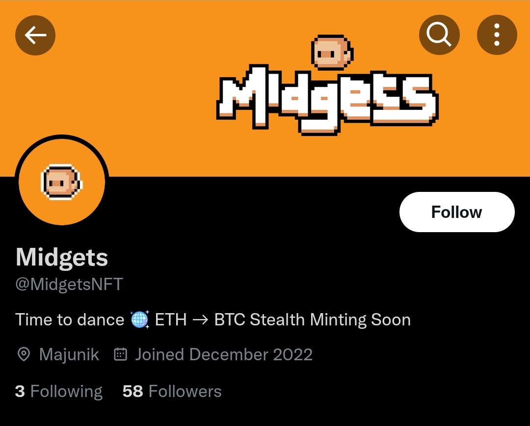 *spider-sense tingles*
@MidgetsNFT

58 followers 👀

Pixel Style Art 🎨
Stealth Mint 🥷
Eth mint > Ordinals 🪙
Premint Live 🔑

Get every alert by becoming a W3bhead. Link in bio. Supporters of this account who retweet and tag friends are prioritized. Turn Notis On 🔔
