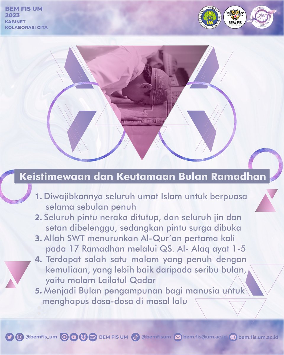 BEMFIS_UM's tweet photo. [MARHABAN YA RAMADHAN 1444 H]
Halo Mahasiswa FIS!
Marhaban Ya Ramadhan 
Marilah kita menyambut kedatangan bulan Ramadhan dengan penuh kegembiraan dan sucikan hati serta pikiran.
Selamat menunaikan ibadah puasa Ramadhan 1444 H.

Info lebih lengkap cek Instagram BEM FIS UM 2023! https://t.co/WAfwioM6KY