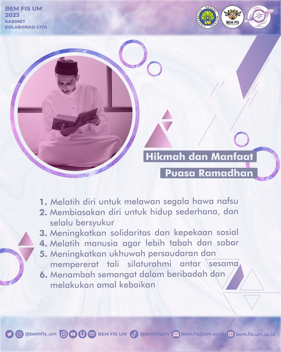 [MARHABAN YA RAMADHAN 1444 H]
Halo Mahasiswa FIS!
Marhaban Ya Ramadhan 
Marilah kita menyambut kedatangan bulan Ramadhan dengan penuh kegembiraan dan sucikan hati serta pikiran.
Selamat menunaikan ibadah puasa Ramadhan 1444 H.

Info lebih lengkap cek Instagram BEM FIS UM 2023!