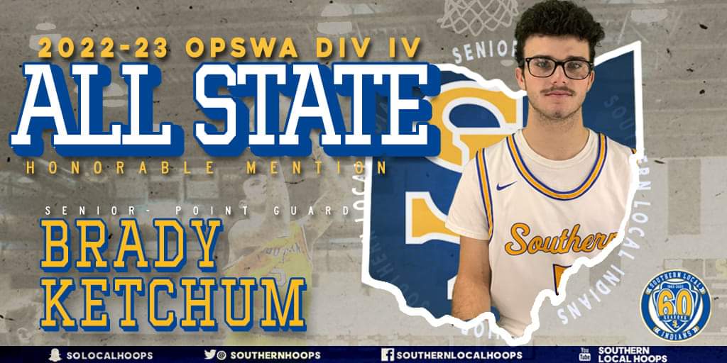 SouthernHoops's tweet photo. Congratulations to senior captain Brady Ketchum on receiving All-Ohio honors for Division IV boys basketball. Brady becomes the 14th Southern Local Indian to receive All-Ohio honors in boys basketball. https://t.co/i9LVKcxi7f