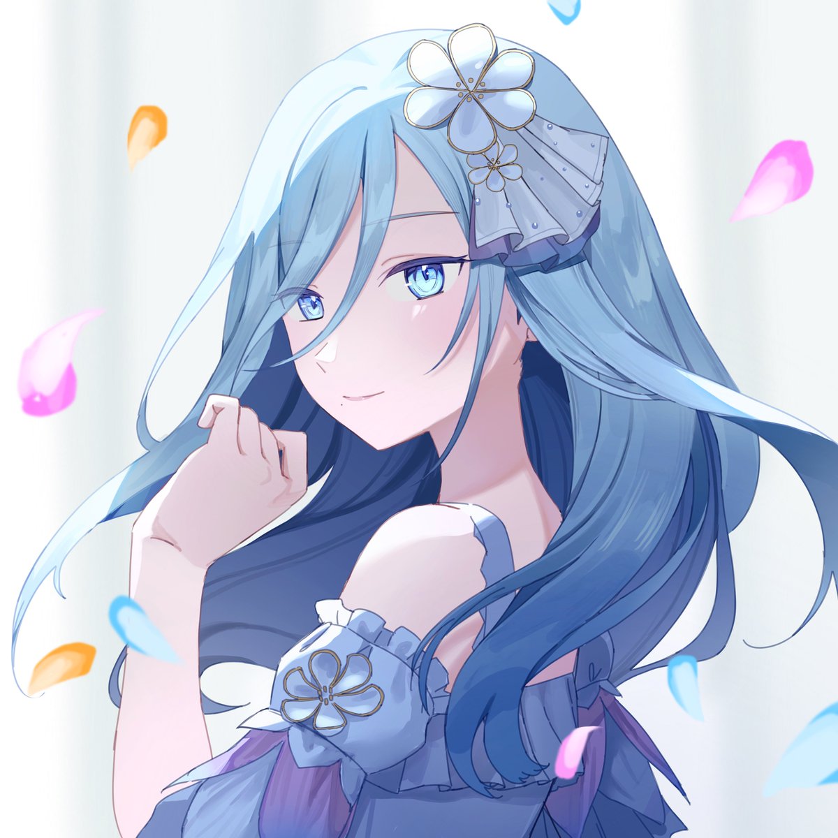 1girl mole under mouth solo petals blue hair hand up blue eyes  illustration images