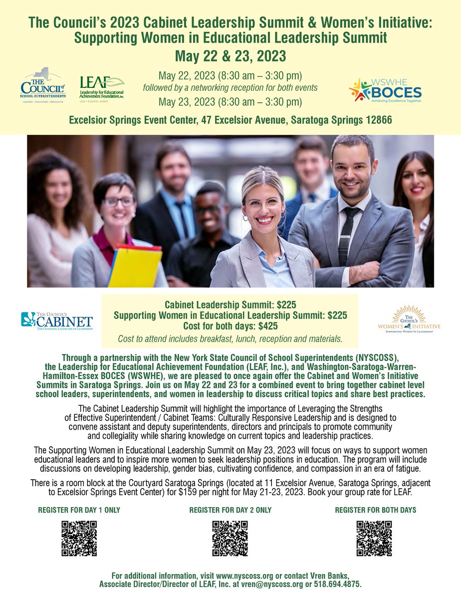 LynnAllenEdD's tweet photo. Mark your calendars for the NYSCOSS Cabinet Leadership Summit &amp; Women's Initiative event coming up on May 22 and May 23 in Saratoga Springs.  Hope to see you there!  @NYSchoolSupts @VreneliBanks @JazzConboy @pnwboces @DrcarrollPC @Lynne_Rutnik @doughtymike @JClarkSaboda https://t.co/SyXeOqgYLH