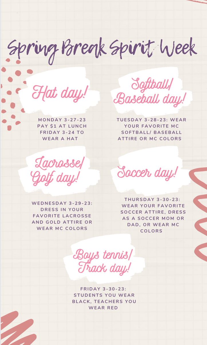 midcarstuco's tweet photo. Next week we’re celebrating Spring Break with a Spring Spirit Week! You can pay $1 to wear a hat Monday at lunch this Friday 3-24-23! More information will be posted soon about the rest of the week! https://t.co/KdtRCQOQYA