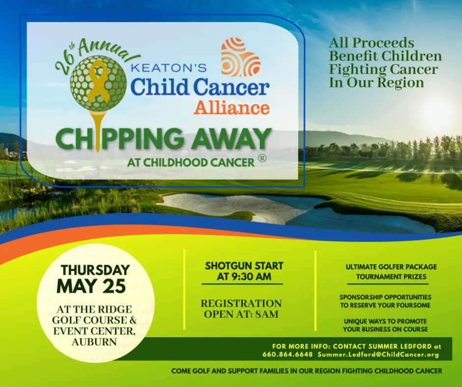 KeatonsCCA's tweet photo. ⛳️ Be a part of Keaton’s 26th Annual "Chipping Away at Childhood Cancer" Golf Tournament, Thursday, May 25th, at The Ridge Golf Course &amp; Events Center.

Reserve your foursome now! Sponsorship details are available at https://t.co/8VPj5KtTWC. 

#Keatons #ChildCancerSupport https://t.co/CtTuk6NQAI