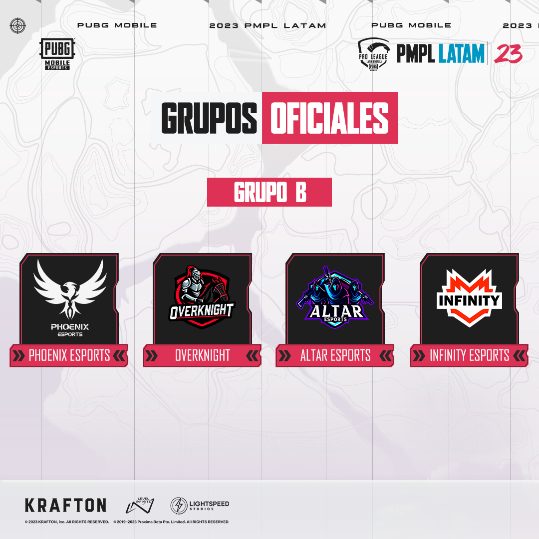 Nuevos y viejos equipos en #PMPLLATAM, estos son los integrantes que conforman el grupo B:

- #PHOENIXESPORTS
- <a href="/OverKnightmx/">OverKnight</a> 
- <a href="/AltarEsportsMx/">Altar Esports</a>
- <a href="/InFinitye_sport/">INFINITY 🚀</a>